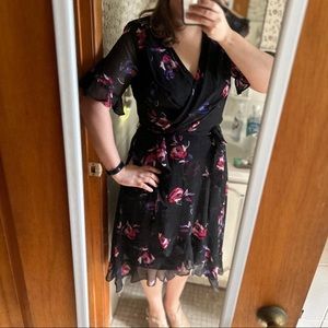 DKNY Floral Short Sleeve Midi Chiffon Dress